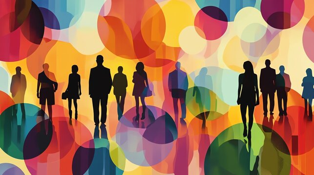 Silhouettes of diverse people walking amidst a vibrant backdrop of colorful overlapping circles.