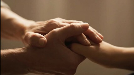 An elderly person's hand gently holding a younger person's hand in a supportive gesture, representing care and intergenerational connection.