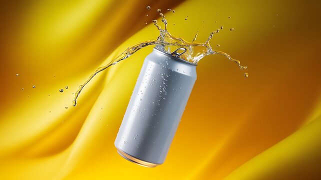 Silver soda can splashing into liquid with yellow background