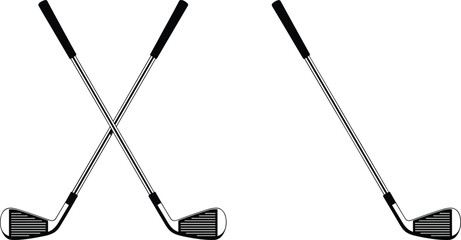 Golf clubs crossed, iron club design, silver shaft, black grip, sports equipment, angled clubhead, golfing gear