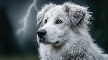 Obraz premium Portrait of a Fluffy White Dog with Amber Eyes During a Thunderstorm