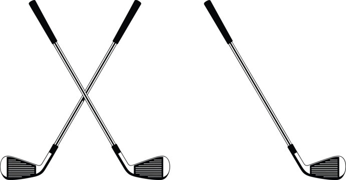 Golf clubs crossed, iron club design, silver shaft, black grip, sports equipment, angled clubhead, golfing gear