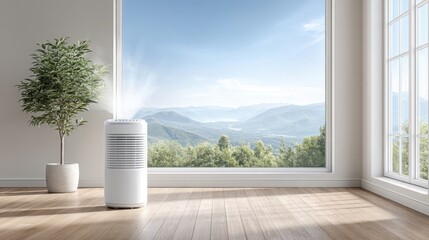 Modern Air Purifier in Minimalist Room with Scenic Mountain View