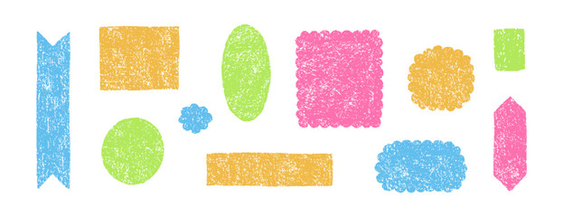 Geometric shape frame set, hand drawn colorful crayon pencil, brush pastel rough chalk texture border. Vector illustration, cute memo stickers and notes