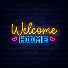Welcome Home Neon Sign with Brick Wall Background
