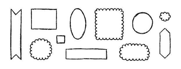 Geometric shape frame set, hand drawn black crayon pencil, brush pastel rough chalk texture border. Vector illustration, cute memo stickers and notes