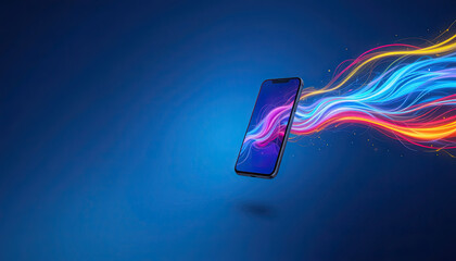 A smartphone with a colorful screen and light trails on a blue gradient background image design