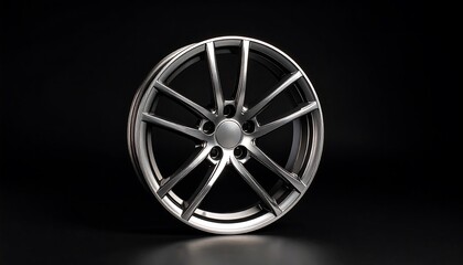 Obraz premium Sleek Silver Alloy Wheel Isolated on a Dark Reflective Surface in Studio Shot