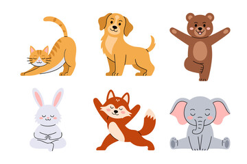 Fototapeta premium Cute yoga animal icons, cat dog rabbit fox elephant bear vector, meditation pose illustration, kids mindfulness clipart, playful fitness design