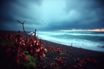 Dark beach, stormy sky, red plants, crashing waves