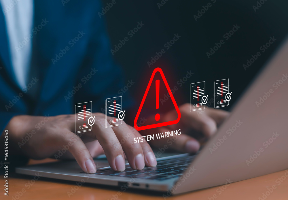 Aufkleber cybersecurity system warning alert with red exclamation mark icon on a digital interface above a lap
