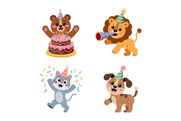 Naklejka premium Pet party mini set, playful kitten and puppy with cake and confetti, joyful character icons, whimsical vector artwork, sticker pack