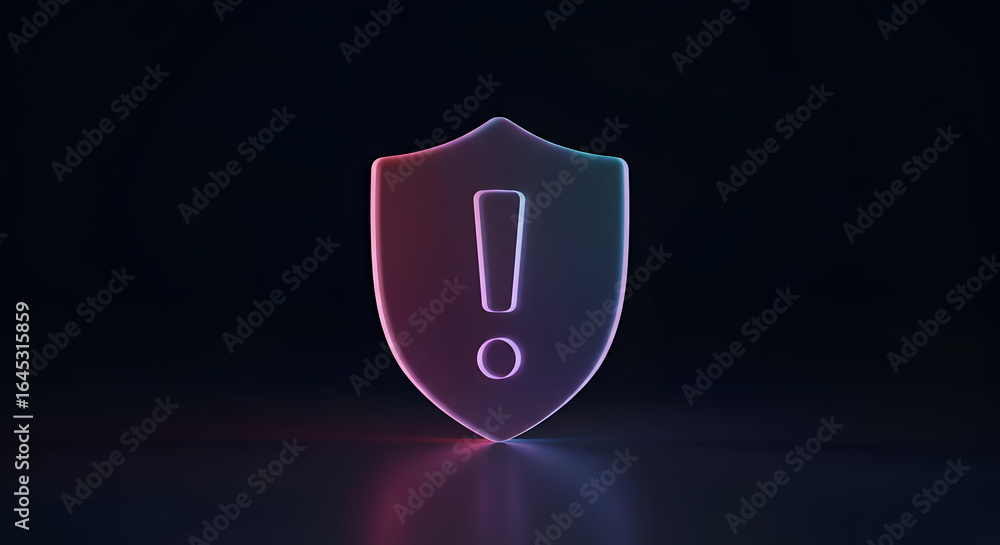Poster neon shield icon with exclamation mark in a dark studio setting. abstract representation of a warnin