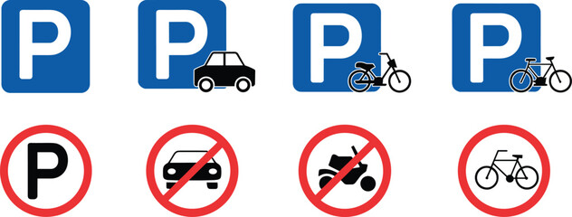 Parking and no parking signs, car motorcycle bicycle icons, traffic symbols, vehicle regulation, road safety illustration