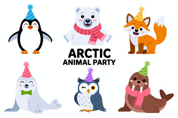 Arctic animal party collection, penguin polar bear seal fox in hats, winter confetti characters, cozy vector illustration, seasonal badge