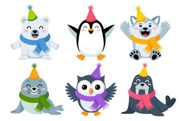 Party hat animal quartet, penguin owl seal and little friend, confetti music celebration characters, family friendly vector art