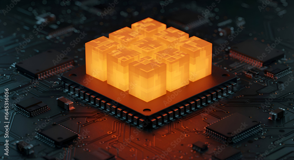 Poster glowing orange cubic processor units on a circuit board. high-tech, detailed circuit board with glow