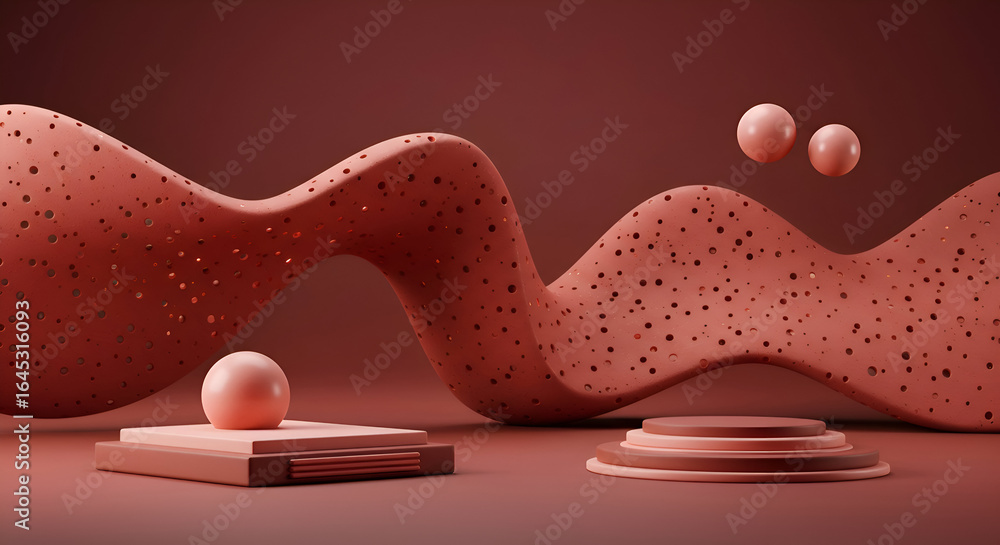 Poster abstract presentation of three-dimensional geometric forms in muted rose tones. product display podi