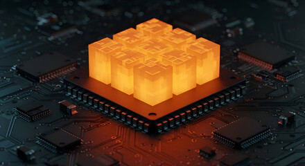 Glowing orange cubic processor units on a circuit board. High-tech, detailed circuit board with glowing computer components.