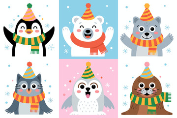 Fototapeta premium Winter party animal icon set, penguin polar bear owl seal vector, scarf and hat illustration, arctic wildlife clipart, holiday design elements