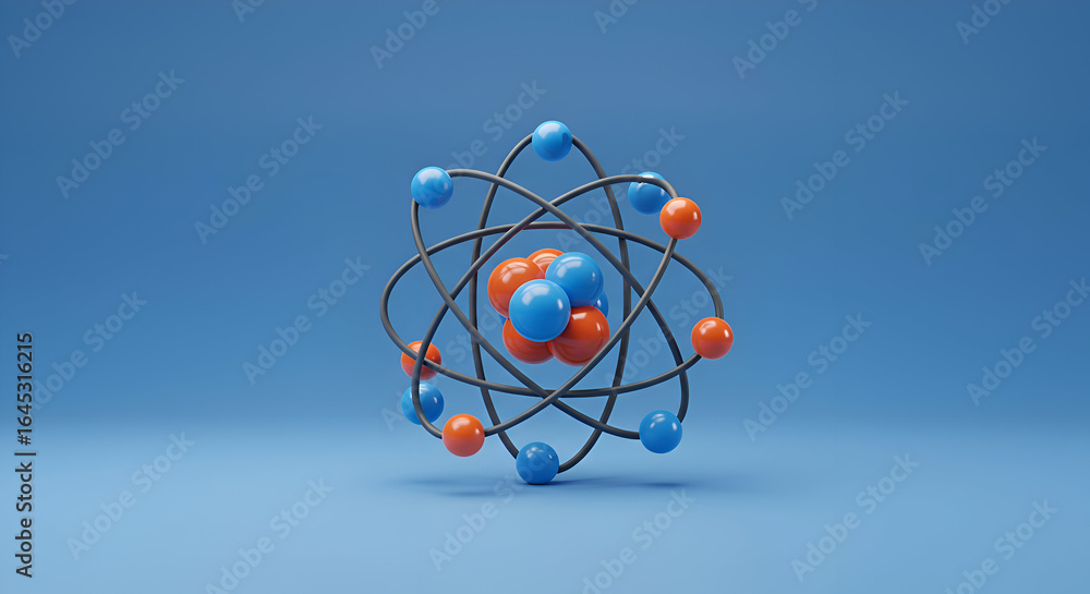 Poster atomic model with colorful spheres connected by dark lines in a simple, clean studio setting. 3d ill