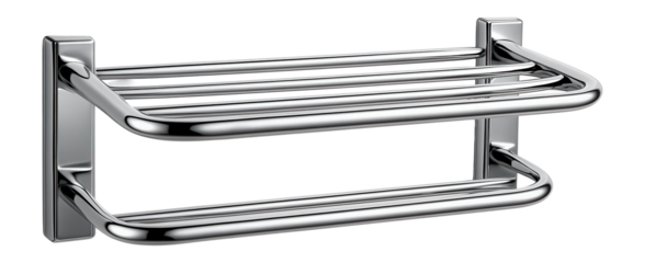 Wall-mounted drying rack with chrome finish for an upscale apartment's bathroom.