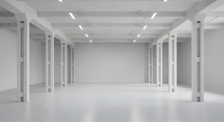 Empty industrial space with concrete columns and walls. Interior view of an open warehouse or factory.