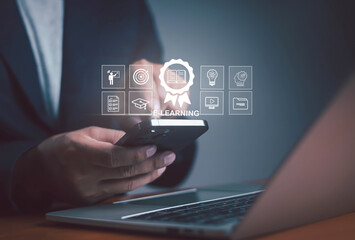 E-learning concept with digital education icons and certificate symbol above a smartphone, representing online courses, skill development, and modern virtual learning platforms.