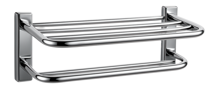 Wall-mounted drying rack with chrome finish for an upscale apartment's bathroom.