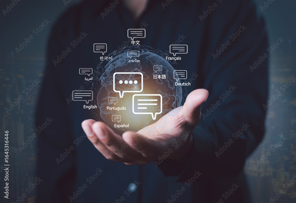 Poster innovative concept of global communication with multiple languages and speech bubbles in a business 
