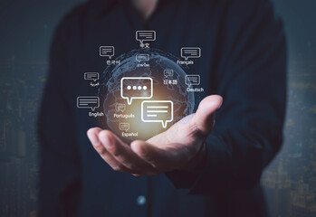 Innovative concept of global communication with multiple languages and speech bubbles in a business...