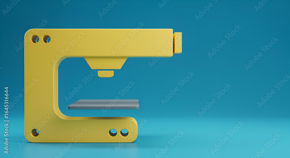 Poster yellow 3d model of a machine with a grey platform on a turquoise background. modern machine tool in 