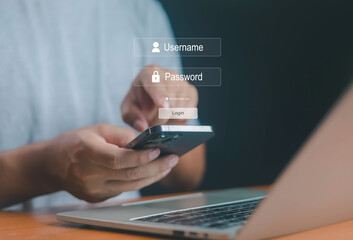 Secure login concept with username and password form overlay on a man using smartphone and laptop, representing cybersecurity, online authentication, and safe access to digital accounts.