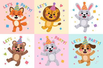 Party animal square cards, fox lion rabbit bear vector, confetti celebration illustration, cute poster clipart, nursery wall art elements