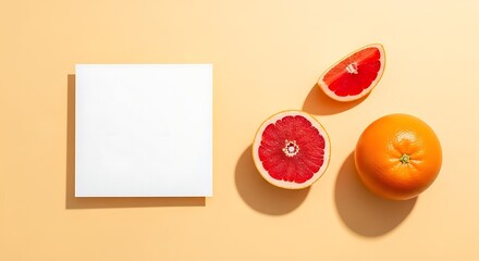 Bright Citrus Fruits with Blank White Card on Sunny Yellow Background for Creative Design and Text Overlay