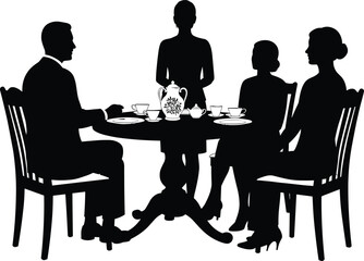 Family dining silhouette vector, people sitting at table, tea party scene, formal gathering illustration, vintage meal time, group enjoying tea, elegant dining moment