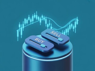 Online Stock Trading - A 3D render of "BUY" and "SELL" buttons with a financial chart, for online stock trading and market trend analysis
