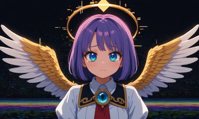 Majestic anime angel with glowing golden wings, radiant halo, and purple hair floating in a cosmic night sky &mdash; ideal for fantasy, celestial, and mystical stock image themes