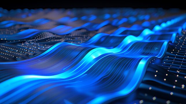 Wavy blue data streams moving over a textured quantum circuit board with radiant core illumination .