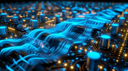 Wavy blue data streams moving over a textured quantum circuit board with radiant core illumination .