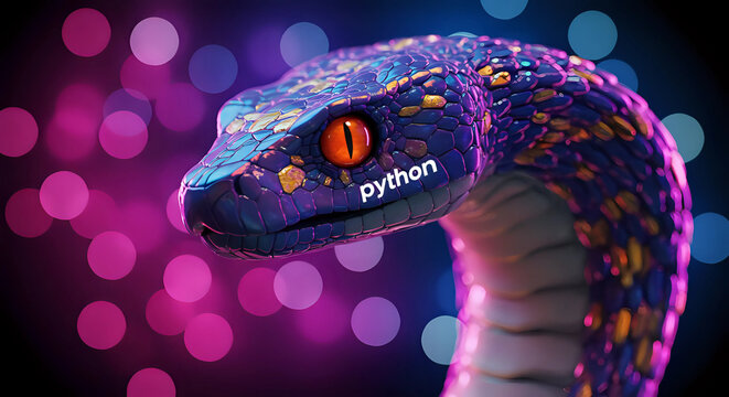 Closeup of python snake with vibrant neon colors, futuristic logo python programming language, colorful bokeh background - software development, data science, and ai concept