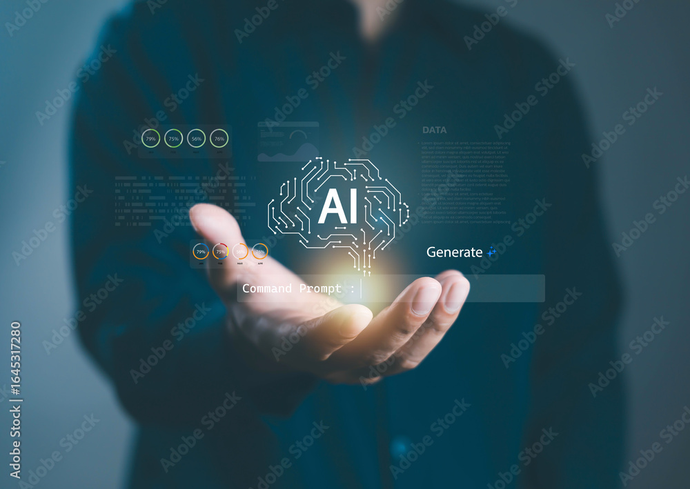 Fototapete artificial intelligence concept with glowing ai brain icon and command prompt on a digital interface