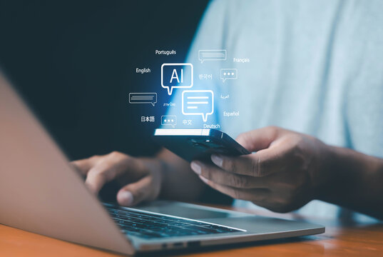 AI language translation concept with multiple speech bubbles and world languages displayed above a smartphone, representing multilingual communication and global connection through technology.
