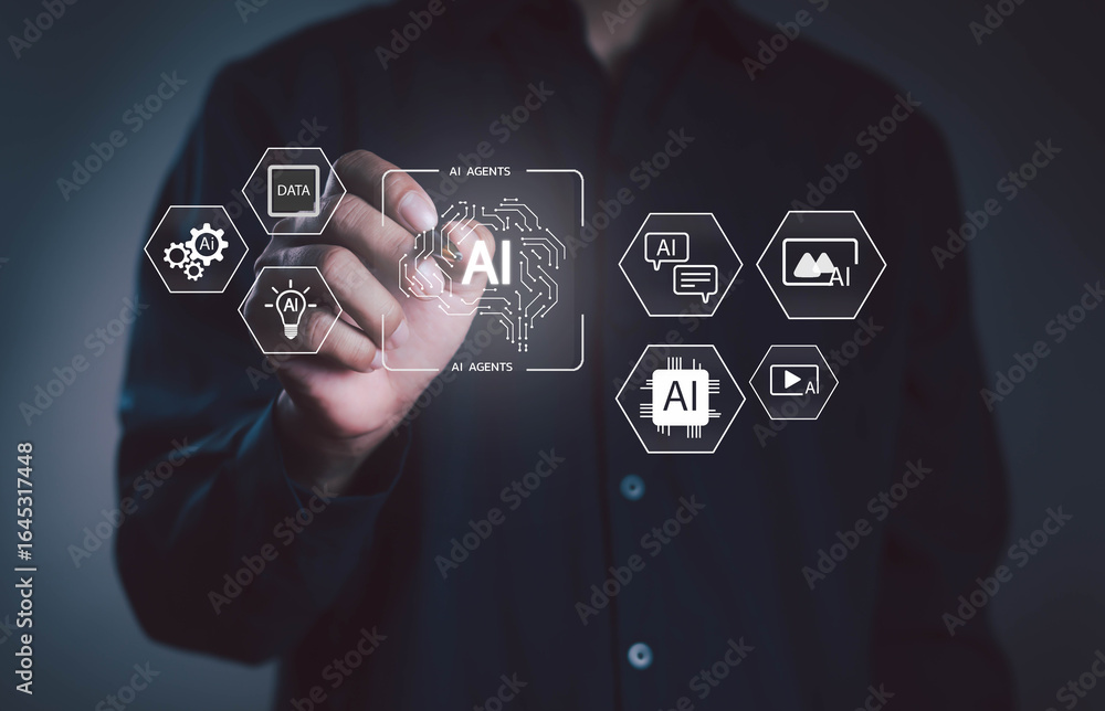 Aufkleber artificial intelligence concept showing hand touching digital ai brain icon with hexagon technology 