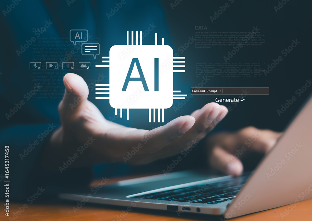Fototapete artificial intelligence concept with ai chip icon and digital interface above a laptop, symbolizing 