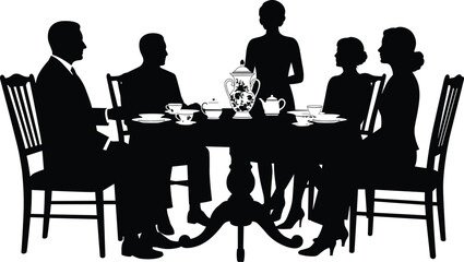 Family dinner table silhouette vector, people eating together, tea party illustration, formal gathering scene, vintage dining concept, meal time, group conversation art