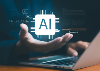 Artificial intelligence concept with AI chip icon and digital interface above a laptop, symbolizing machine learning, data processing, and innovative technology solutions.