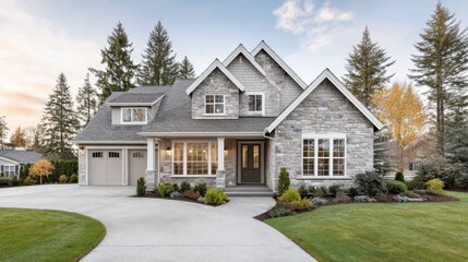 Large Stone and Shingle House with Evergreen Trees