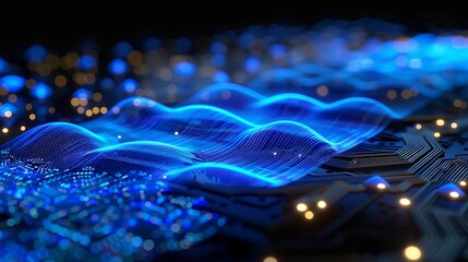 Wavy blue data streams moving over a textured quantum circuit board with radiant core illumination .