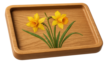 Handcrafted wooden tray with a hand-painted daffodil design, perfect for serving breakfast in bed during springtime.